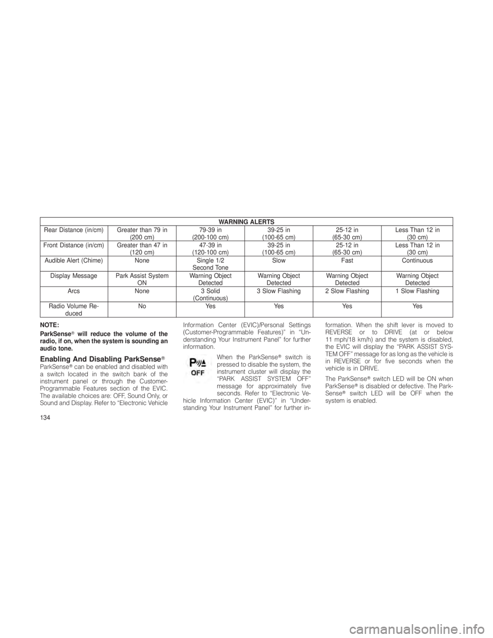 JEEP GRAND CHEROKEE 2012  Owner handbook (in English) WARNING ALERTS
Rear Distance (in/cm) Greater than 79 in (200 cm)79-39 in
(200-100 cm) 39-25 in
(100-65 cm) 25-12 in
(65-30 cm) Less Than 12 in
(30 cm)
Front Distance (in/cm) Greater than 47 in (120 cm