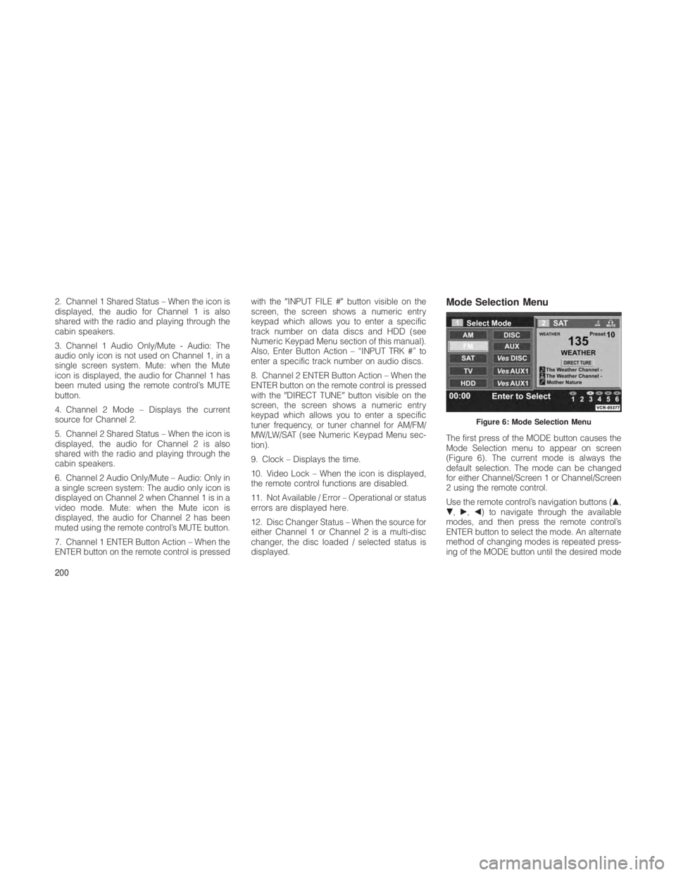 JEEP GRAND CHEROKEE 2012  Owner handbook (in English) 2. Channel 1 Shared Status – When the icon is
displayed, the audio for Channel 1 is also
shared with the radio and playing through the
cabin speakers.
3. Channel 1 Audio Only/Mute - Audio: The
audio
