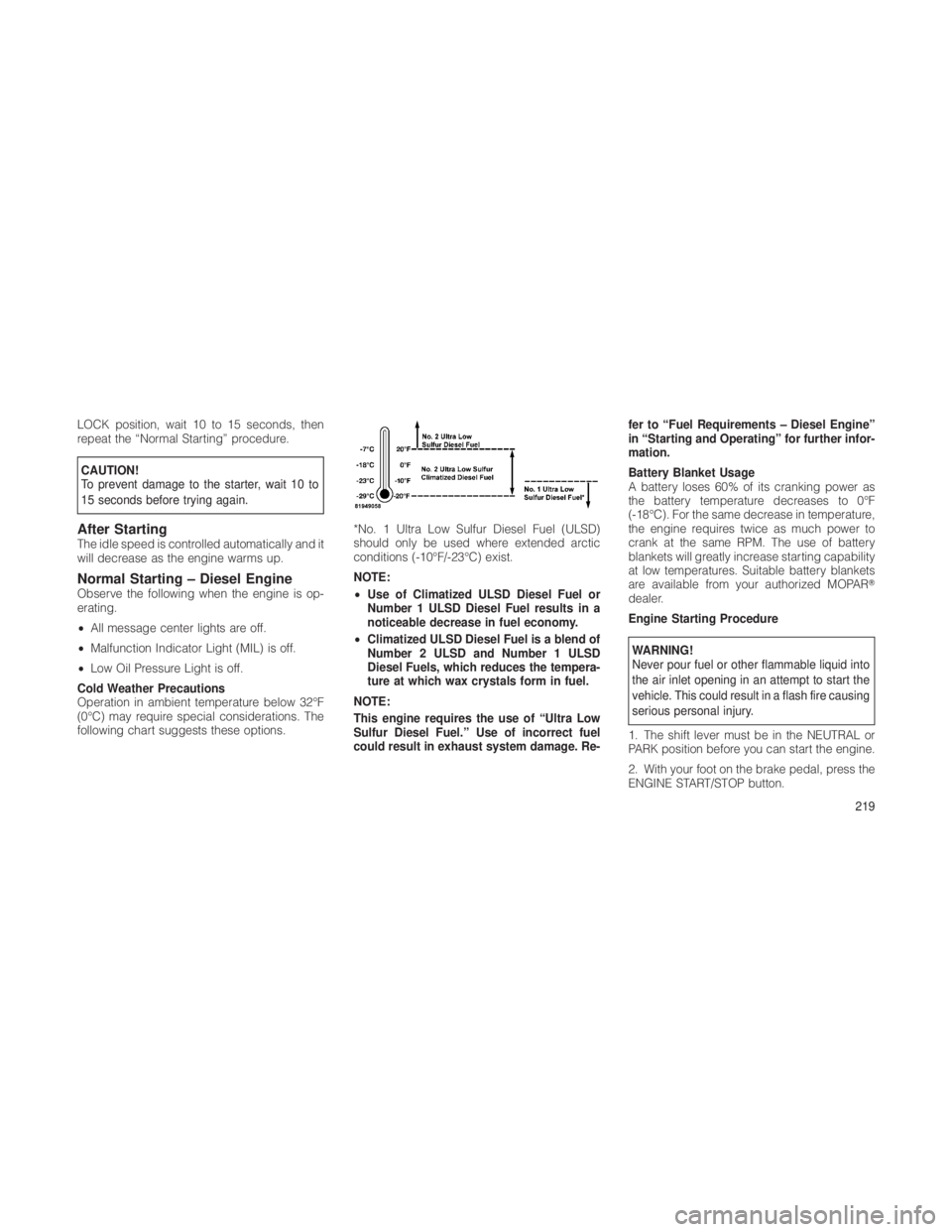 JEEP GRAND CHEROKEE 2012 Owner handbook (in English) LOCK position, wait 10 to 15 seconds, then
repeat the “Normal Starting” procedure.
CAUTION!
To prevent damage to the starter, wait 10 to
15 seconds before trying again.
After StartingThe idle spee JEEP GRAND CHEROKEE 2012 Owner handbook (in English) LOCK position, wait 10 to 15 seconds, then
repeat the “Normal Starting” procedure.
CAUTION!
To prevent damage to the starter, wait 10 to
15 seconds before trying again.
After StartingThe idle spee