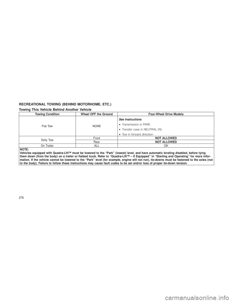 JEEP GRAND CHEROKEE 2012  Owner handbook (in English) RECREATIONAL TOWING (BEHIND MOTORHOME, ETC.)
Towing This Vehicle Behind Another Vehicle
Towing ConditionWheel OFF the Ground Four-Wheel Drive Models
Flat Tow NONESee Instructions
•
Transmission in P