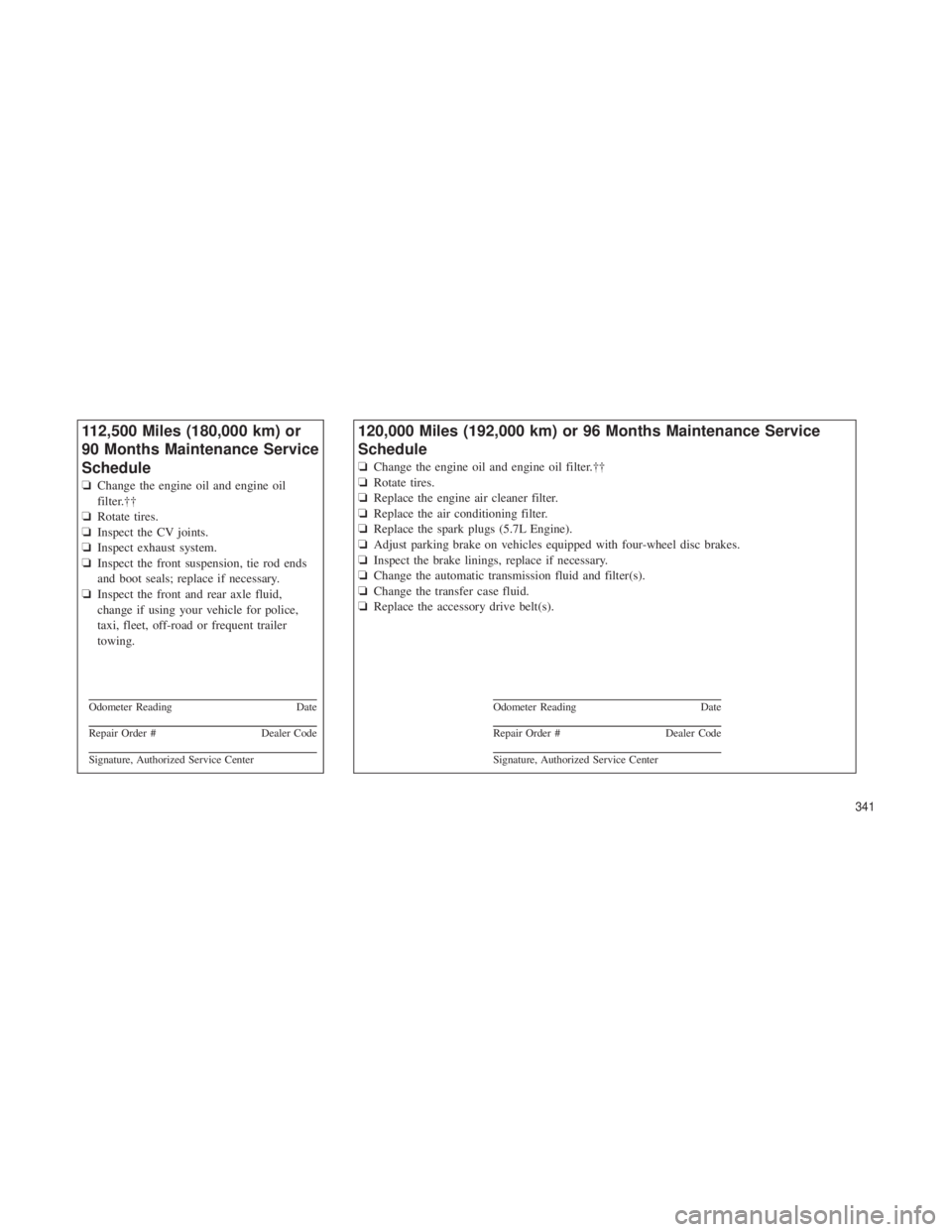 JEEP GRAND CHEROKEE 2012 Owner handbook (in English) 112,500 Miles (180,000 km) or
90 Months Maintenance Service
Schedule
❏Change the engine oil and engine oil
filter.††
❏ Rotate tires.
❏ Inspect the CV joints.
❏ Inspect exhaust system.
❏ JEEP GRAND CHEROKEE 2012 Owner handbook (in English) 112,500 Miles (180,000 km) or
90 Months Maintenance Service
Schedule
❏Change the engine oil and engine oil
filter.††
❏ Rotate tires.
❏ Inspect the CV joints.
❏ Inspect exhaust system.
❏