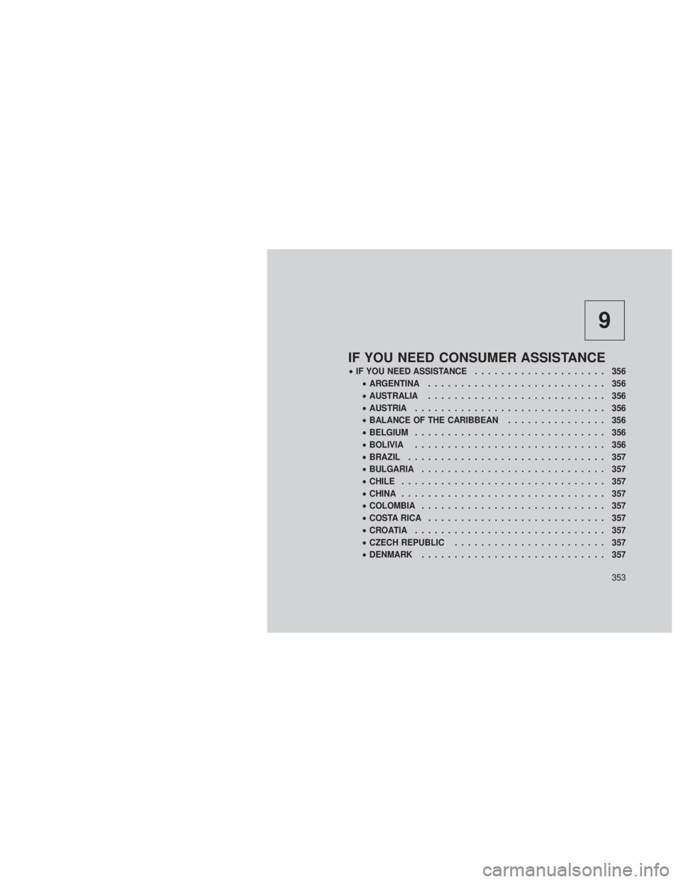 JEEP GRAND CHEROKEE 2012 Owner handbook (in English) 9
IF YOU NEED CONSUMER ASSISTANCE
•IF YOU NEED ASSISTANCE .................... 356
• ARGENTINA ........................... 356
• AUSTRALIA ........................... 356
• AUSTRIA ........... JEEP GRAND CHEROKEE 2012 Owner handbook (in English) 9
IF YOU NEED CONSUMER ASSISTANCE
•IF YOU NEED ASSISTANCE .................... 356
• ARGENTINA ........................... 356
• AUSTRALIA ........................... 356
• AUSTRIA ...........