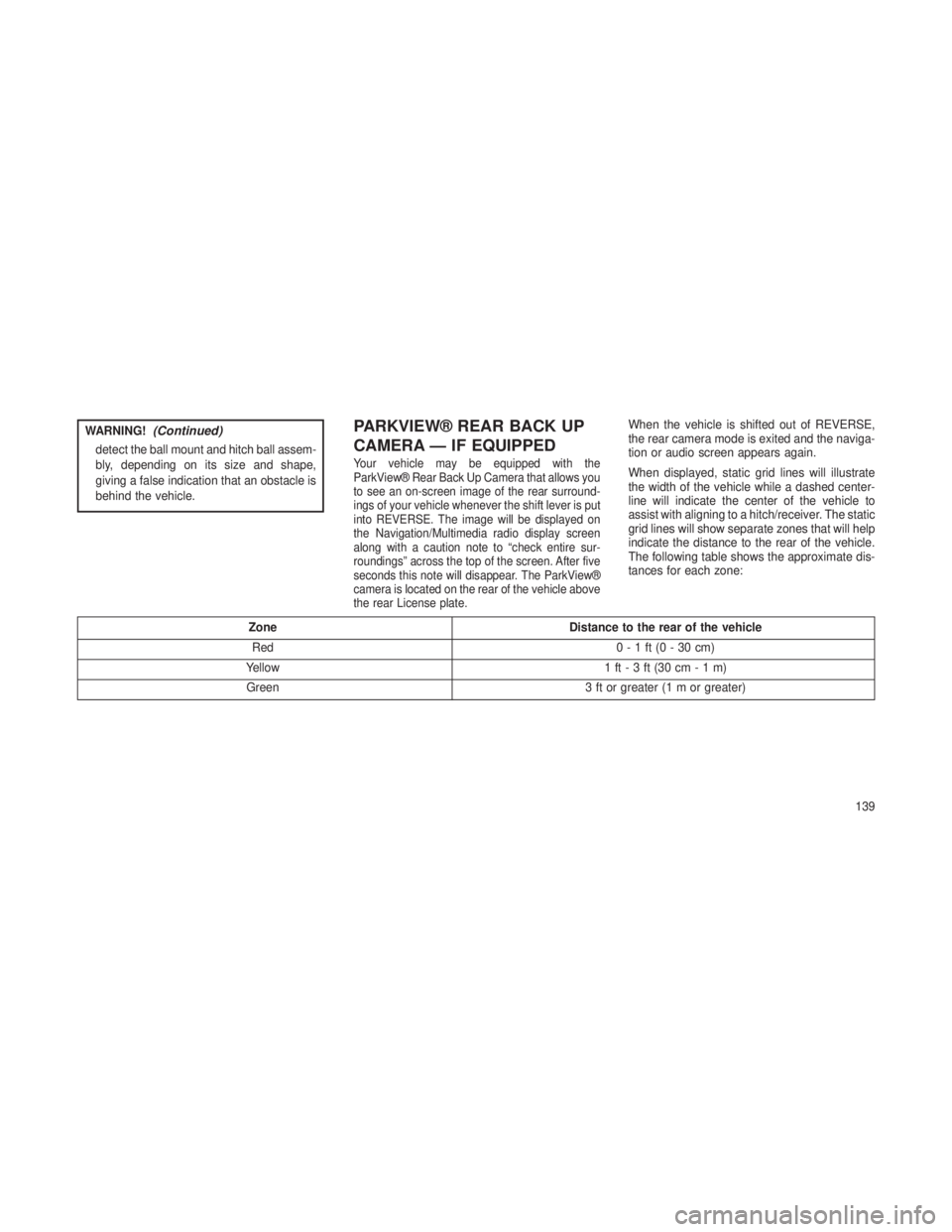 JEEP GRAND CHEROKEE 2013 Owner handbook (in English) WARNING!(Continued)
detect the ball mount and hitch ball assem-
bly, depending on its size and shape,
giving a false indication that an obstacle is
behind the vehicle.
PARKVIEW® REAR BACK UP
CAMERA JEEP GRAND CHEROKEE 2013 Owner handbook (in English) WARNING!(Continued)
detect the ball mount and hitch ball assem-
bly, depending on its size and shape,
giving a false indication that an obstacle is
behind the vehicle.
PARKVIEW® REAR BACK UP
CAMERA