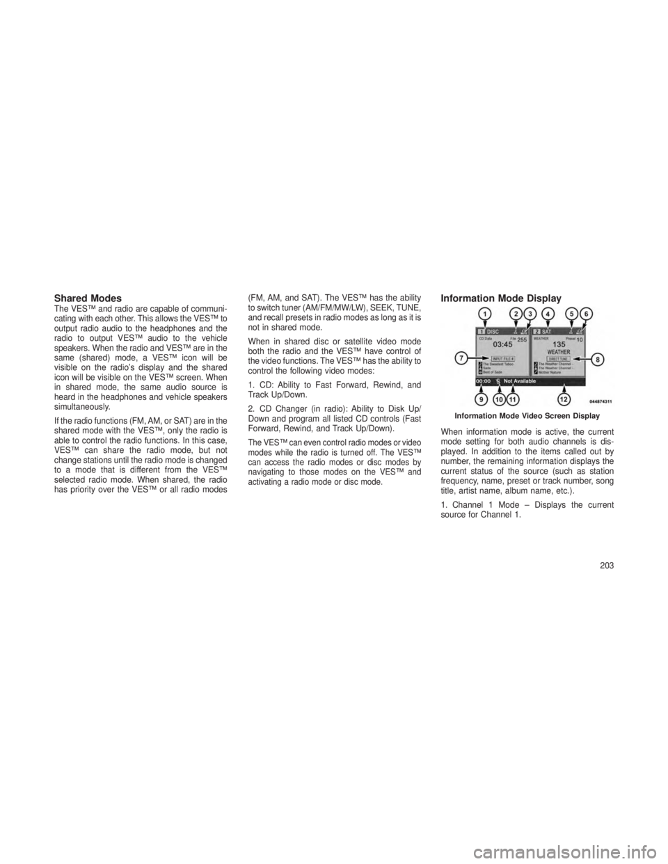 JEEP GRAND CHEROKEE 2013 Owner handbook (in English) Shared ModesThe VES™ and radio are capable of communi-
cating with each other. This allows the VES™ to
output radio audio to the headphones and the
radio to output VES™ audio to the vehicle
spea JEEP GRAND CHEROKEE 2013 Owner handbook (in English) Shared ModesThe VES™ and radio are capable of communi-
cating with each other. This allows the VES™ to
output radio audio to the headphones and the
radio to output VES™ audio to the vehicle
spea
