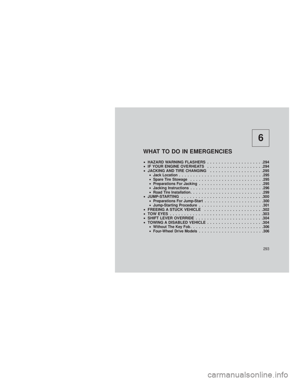 JEEP GRAND CHEROKEE 2013  Owner handbook (in English) 6
WHAT TO DO IN EMERGENCIES
•HAZARD WARNING FLASHERS ....................294
• IF YOUR ENGINE OVERHEATS ....................294
• JACKING AND TIRE CHANGING ...................295
•Jack Locatio