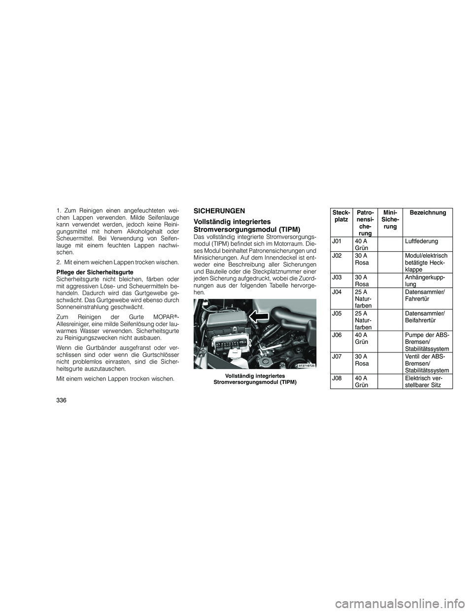 JEEP GRAND CHEROKEE 2010  Betriebsanleitung (in German) 
1. Zum Reinigen einen angefeuchteten wei-
chen Lappen verwenden. Milde Seifenlauge
kann verwendet werden, jedoch keine Reini-
gungsmittel mit hohem Alkoholgehalt oder
Scheuermittel. Bei Verwendung vo