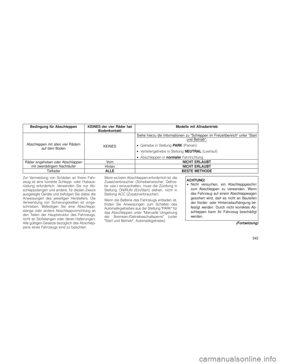 JEEP GRAND CHEROKEE 2012  Betriebsanleitung (in German) Bedingung für Abschleppen KEINES der vier Räder hatBodenkontakt Modelle mit Allradantrieb
Abschleppen mit allen vier Rädern auf dem Boden KEINESSiehe hierzu die Informationen zu
Schleppen im Freiz