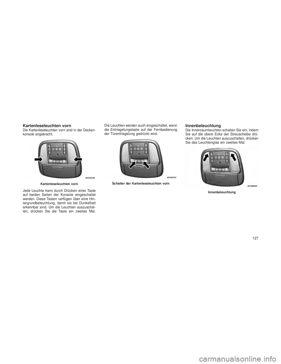 JEEP GRAND CHEROKEE 2013 Betriebsanleitung (in German) Kartenleseleuchten vornDie Kartenleseleuchten vorn sind in der Decken-
konsole angebracht.
Jede Leuchte kann durch Drücken einer Taste
auf beiden Seiten der Konsole eingeschaltet
werden. Diese Tasten JEEP GRAND CHEROKEE 2013 Betriebsanleitung (in German) Kartenleseleuchten vornDie Kartenleseleuchten vorn sind in der Decken-
konsole angebracht.
Jede Leuchte kann durch Drücken einer Taste
auf beiden Seiten der Konsole eingeschaltet
werden. Diese Tasten