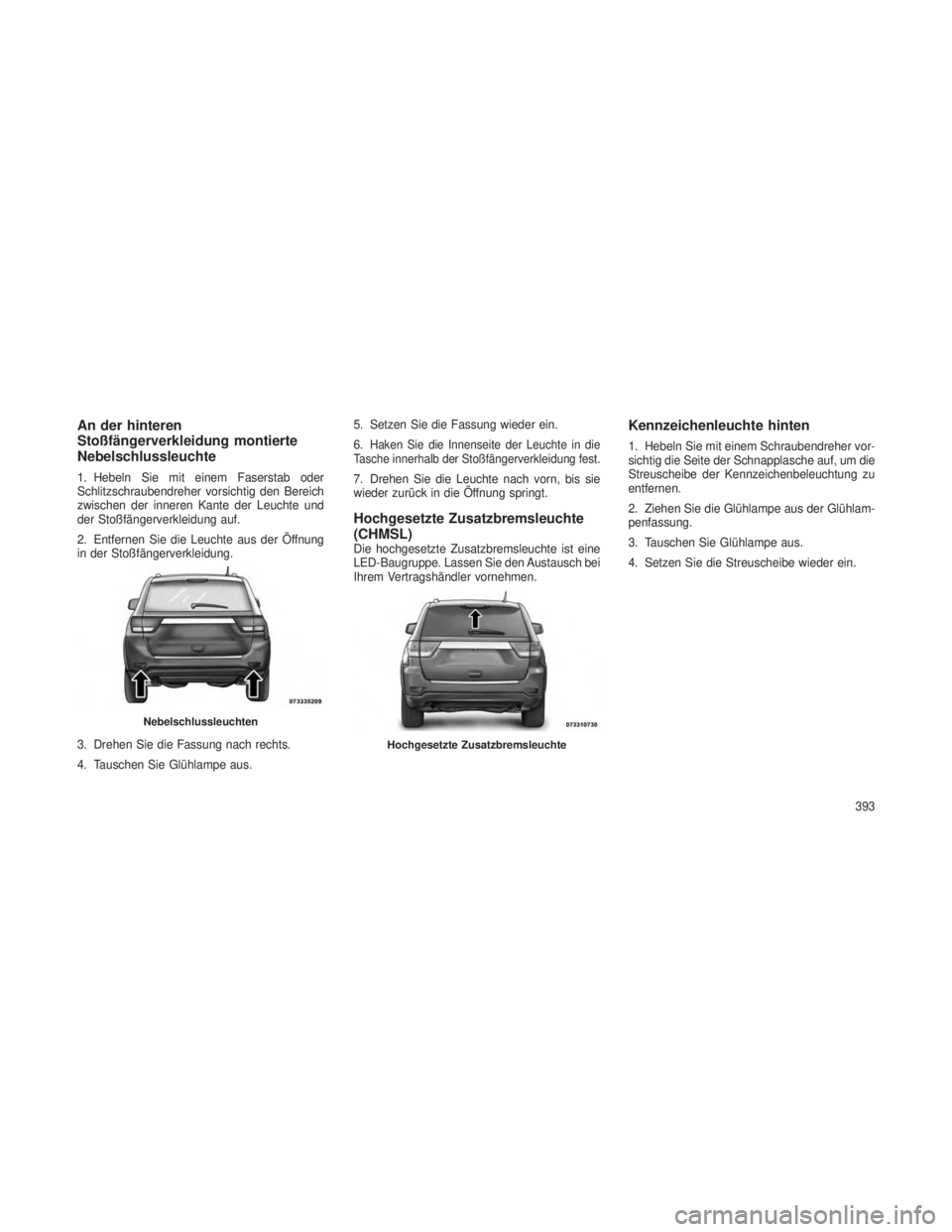 JEEP GRAND CHEROKEE 2013  Betriebsanleitung (in German) An der hinteren
Stoßfängerverkleidung montierte
Nebelschlussleuchte
1. Hebeln Sie mit einem Faserstab oder
Schlitzschraubendreher vorsichtig den Bereich
zwischen der inneren Kante der Leuchte und
de