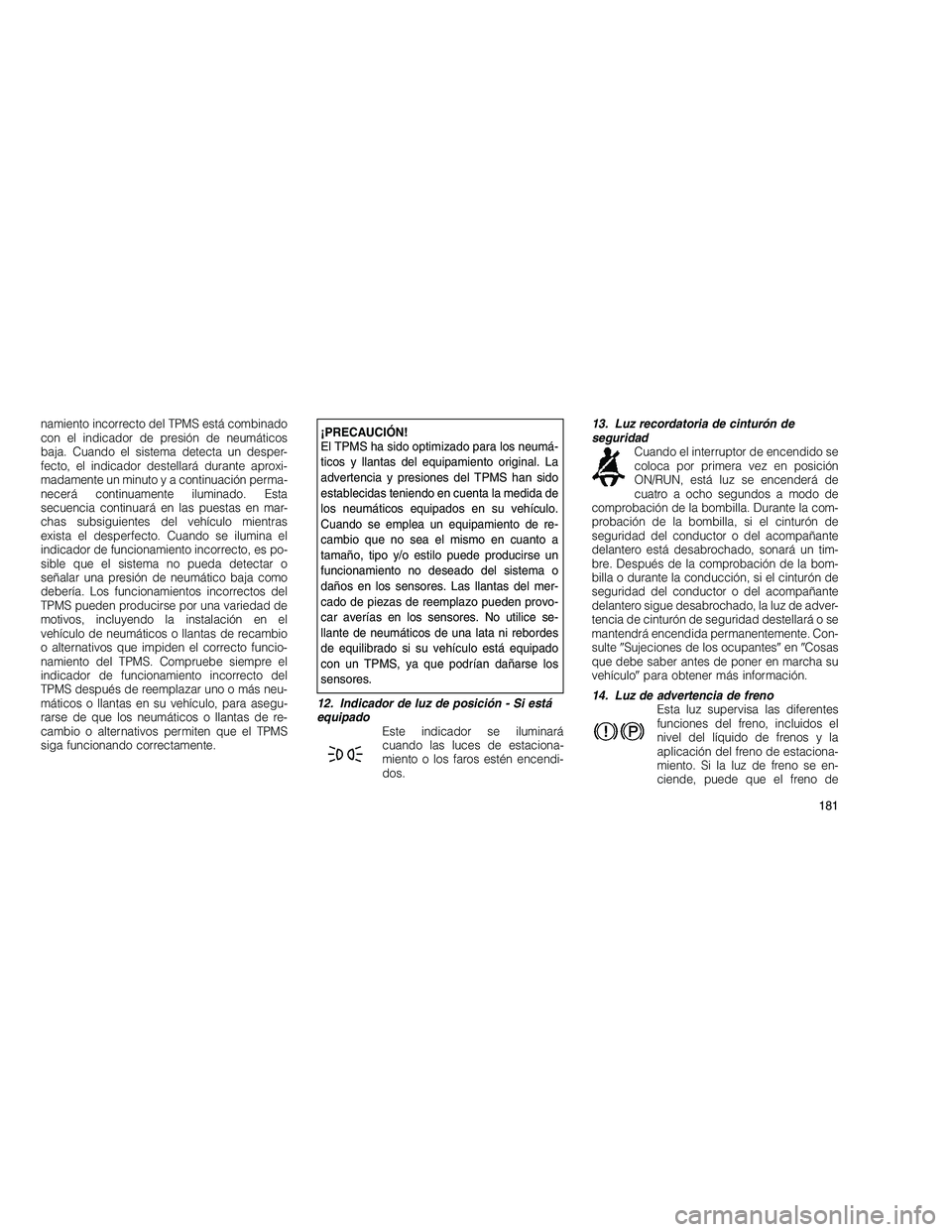 JEEP GRAND CHEROKEE 2010  Manual de Empleo y Cuidado (in Spanish) 
namiento incorrecto del TPMS está combinado
con el indicador de presión de neumáticos
baja. Cuando el sistema detecta un desper-
fecto, el indicador destellará durante aproxi-
madamente un minuto