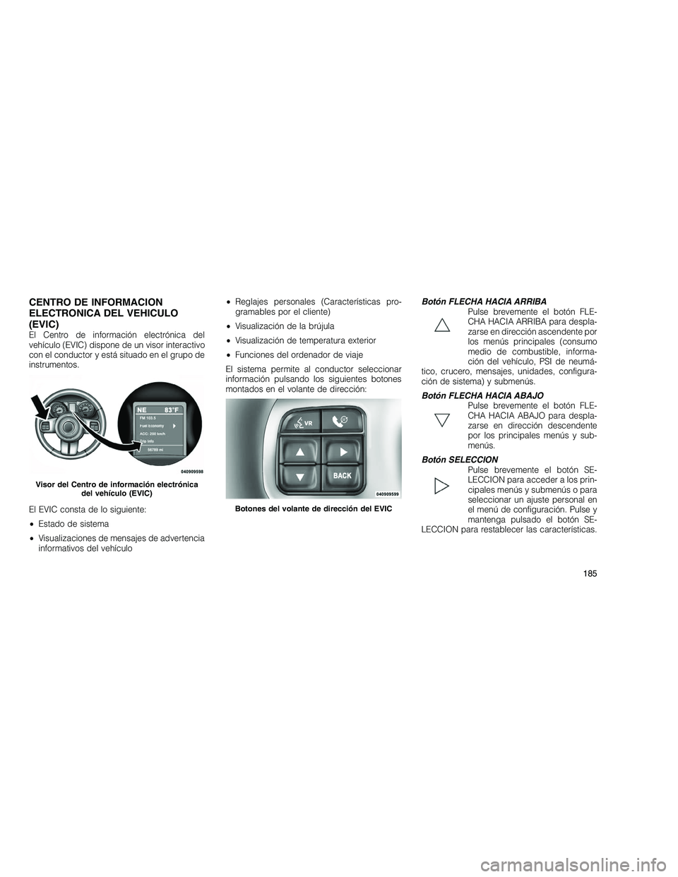 JEEP GRAND CHEROKEE 2010  Manual de Empleo y Cuidado (in Spanish) 
CENTRO DE INFORMACION
ELECTRONICA DEL VEHICULO
(EVIC)
El Centro de información electrónica del
vehículo (EVIC) dispone de un visor interactivo
con el conductor y está situado en el grupo de
instr