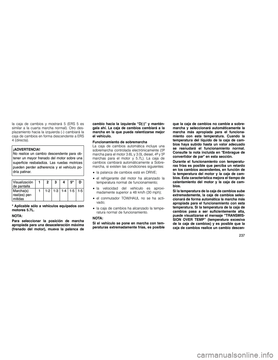 JEEP GRAND CHEROKEE 2010  Manual de Empleo y Cuidado (in Spanish) 
la caja de cambios y mostrará 5 (ERS 5 es
similar a la cuarta marcha normal). Otro des-
plazamiento hacia la izquierda (-) cambiará la
caja de cambios en forma descendente a ERS
4 (directa).
¡ADVE