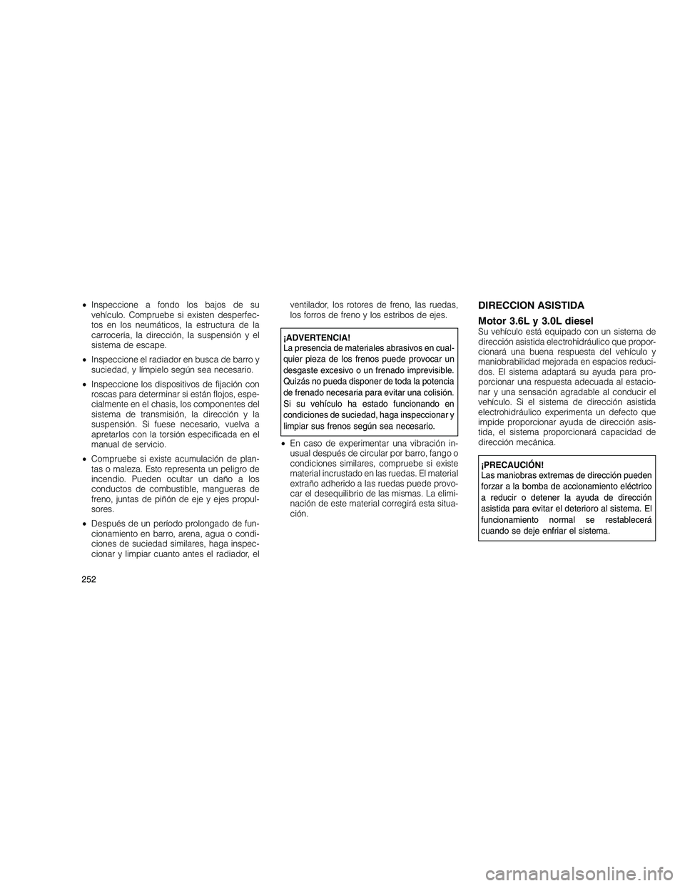 JEEP GRAND CHEROKEE 2010  Manual de Empleo y Cuidado (in Spanish) 
•Inspeccione a fondo los bajos de su
vehículo. Compruebe si existen desperfec-
tos en los neumáticos, la estructura de la
carrocería, la dirección, la suspensión y el
sistema de escape.
• In