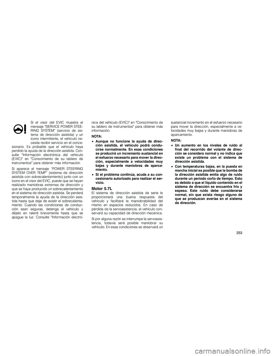 JEEP GRAND CHEROKEE 2010  Manual de Empleo y Cuidado (in Spanish) 
Si el visor del EVIC muestra el
mensajeSERVICE POWER STEE-
RING SYSTEM (servicio de sis-
tema de dirección asistida) y un
icono intermitente, el vehículo ne-
cesita recibir servicio en el conce-
