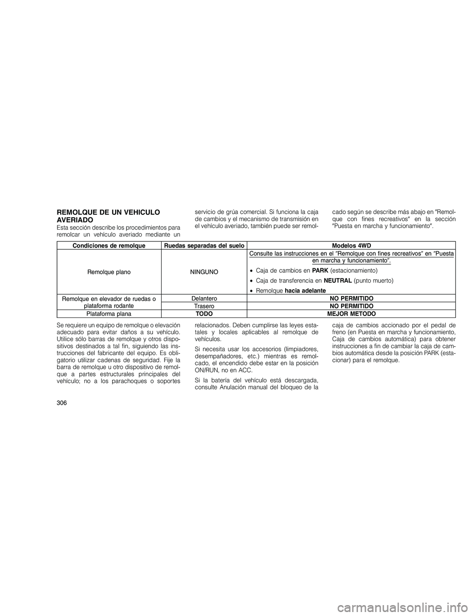 JEEP GRAND CHEROKEE 2010 Manual de Empleo y Cuidado (in Spanish)
REMOLQUE DE UN VEHICULO
AVERIADO
Esta sección describe los procedimientos para
remolcar un vehículo averiado mediante unservicio de grúa comercial. Si funciona la caja
de cambios y el mecanismo de JEEP GRAND CHEROKEE 2010 Manual de Empleo y Cuidado (in Spanish)
REMOLQUE DE UN VEHICULO
AVERIADO
Esta sección describe los procedimientos para
remolcar un vehículo averiado mediante unservicio de grúa comercial. Si funciona la caja
de cambios y el mecanismo de