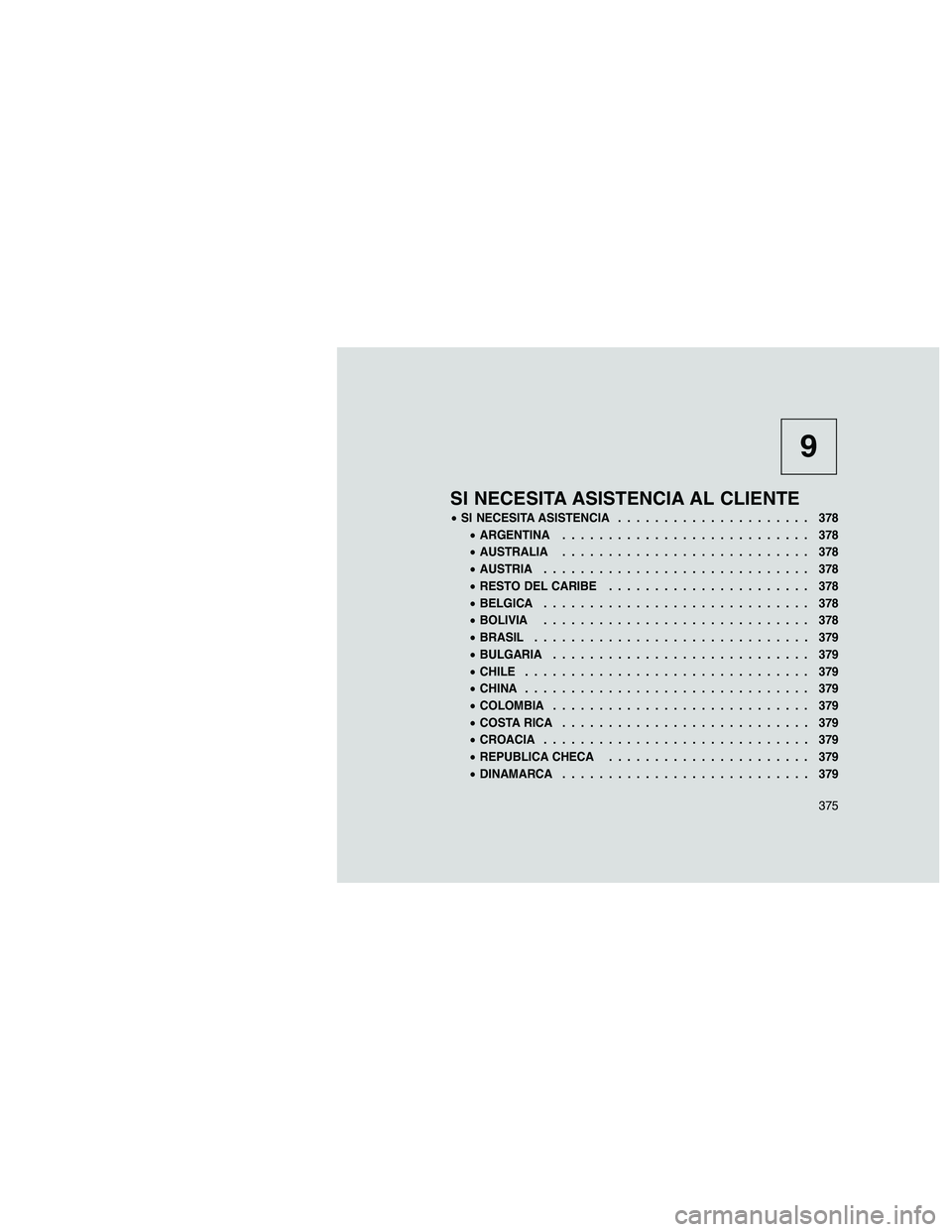 JEEP GRAND CHEROKEE 2011 Manual de Empleo y Cuidado (in Spanish)
9
SI NECESITA ASISTENCIA AL CLIENTE
•SI NECESITA ASISTENCIA ..................... 378
• ARGENTINA ........................... 378
• AUSTRALIA ........................... 378
• AUSTRIA ....... JEEP GRAND CHEROKEE 2011 Manual de Empleo y Cuidado (in Spanish)
9
SI NECESITA ASISTENCIA AL CLIENTE
•SI NECESITA ASISTENCIA ..................... 378
• ARGENTINA ........................... 378
• AUSTRALIA ........................... 378
• AUSTRIA .......