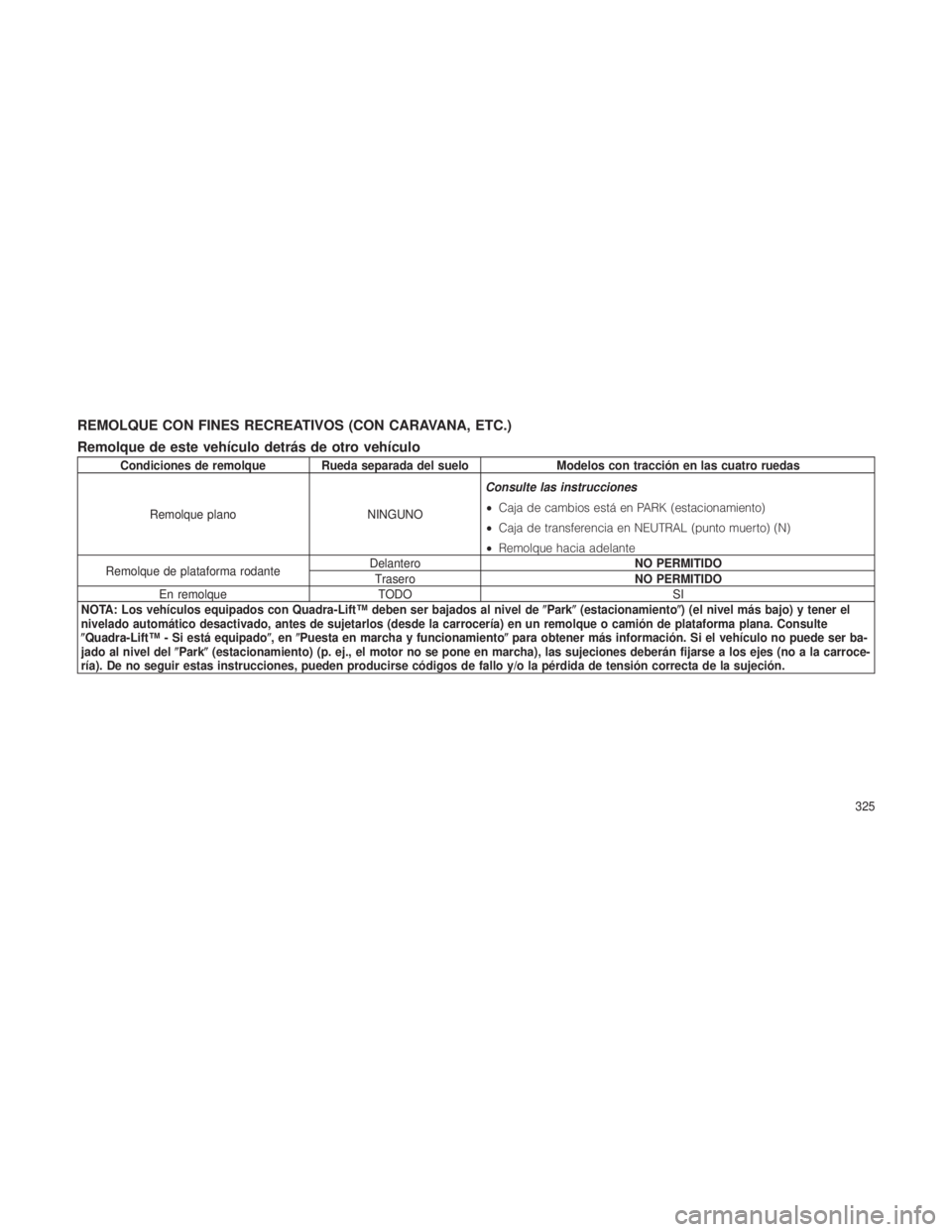 JEEP GRAND CHEROKEE 2012  Manual de Empleo y Cuidado (in Spanish) REMOLQUE CON FINES RECREATIVOS (CON CARAVANA, ETC.)
Remolque de este vehículo detrás de otro vehículo
Condiciones de remolque Rueda separada del sueloModelos con tracción en las cuatro ruedas
Remo