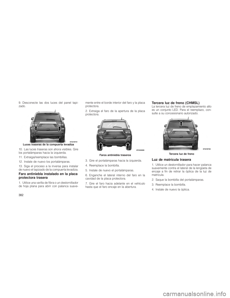 JEEP GRAND CHEROKEE 2012  Manual de Empleo y Cuidado (in Spanish) 9. Desconecte las dos luces del panel tapi-
zado.
10. Las luces traseras son ahora visibles. Gire
los portalámparas hacia la izquierda.
11. Extraiga/reemplace las bombillas.
12. Instale de nuevo los 