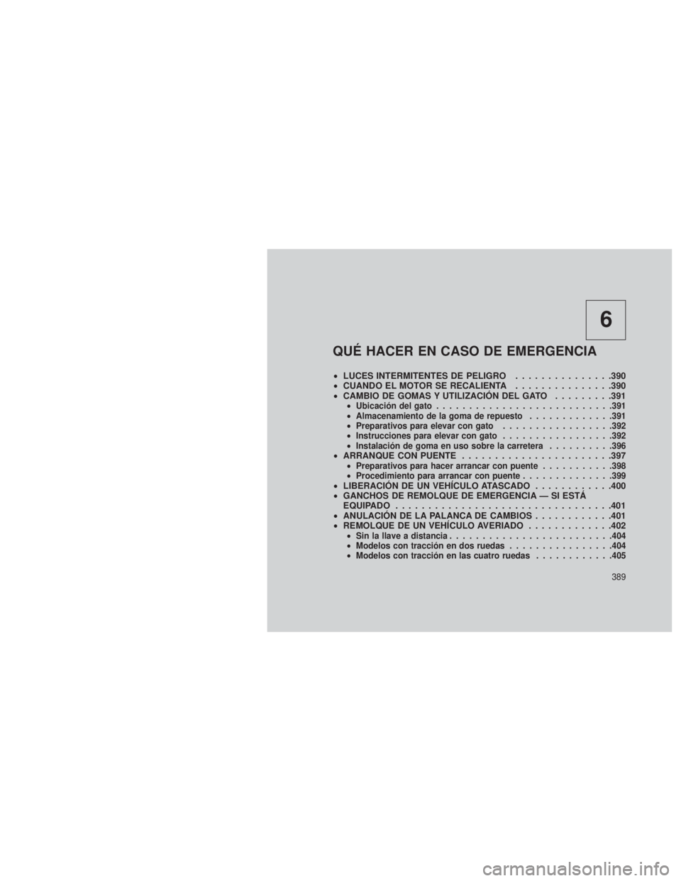 JEEP GRAND CHEROKEE 2013 Manual de Empleo y Cuidado (in Spanish) 6
QUÉ HACER EN CASO DE EMERGENCIA
•LUCES INTERMITENTES DE PELIGRO ...............390
• CUANDO EL MOTOR SE RECALIENTA ...............390
• CAMBIO DE GOMAS Y UTILIZACIÓN DEL GATO .........391
JEEP GRAND CHEROKEE 2013 Manual de Empleo y Cuidado (in Spanish) 6
QUÉ HACER EN CASO DE EMERGENCIA
•LUCES INTERMITENTES DE PELIGRO ...............390
• CUANDO EL MOTOR SE RECALIENTA ...............390
• CAMBIO DE GOMAS Y UTILIZACIÓN DEL GATO .........391