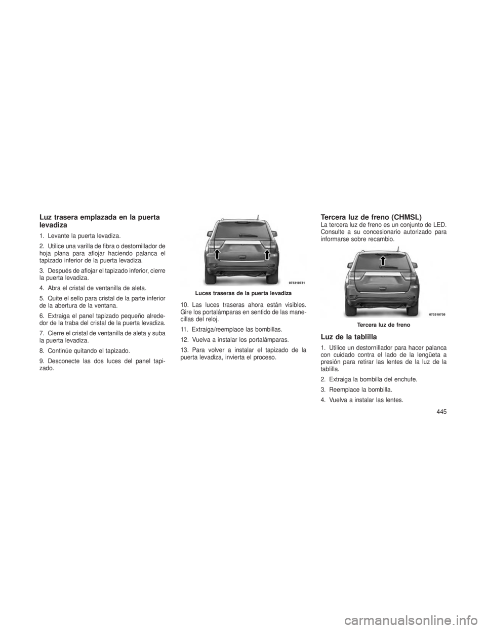 JEEP GRAND CHEROKEE 2013 Manual de Empleo y Cuidado (in Spanish) Luz trasera emplazada en la puerta
levadiza
1. Levante la puerta levadiza.
2. Utilice una varilla de fibra o destornillador de
hoja plana para aflojar haciendo palanca el
tapizado inferior de la puert JEEP GRAND CHEROKEE 2013 Manual de Empleo y Cuidado (in Spanish) Luz trasera emplazada en la puerta
levadiza
1. Levante la puerta levadiza.
2. Utilice una varilla de fibra o destornillador de
hoja plana para aflojar haciendo palanca el
tapizado inferior de la puert