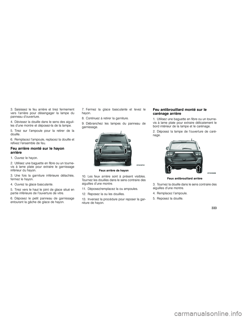 JEEP GRAND CHEROKEE 2010  Notice dentretien (in French) 
3. Saisissez le feu arrière et tirez fermement
vers l’arrière pour désengager la lampe du
panneau d’ouverture.
4. Dévissez la douille dans le sens des aiguil-
les d’une montre et déposez-l