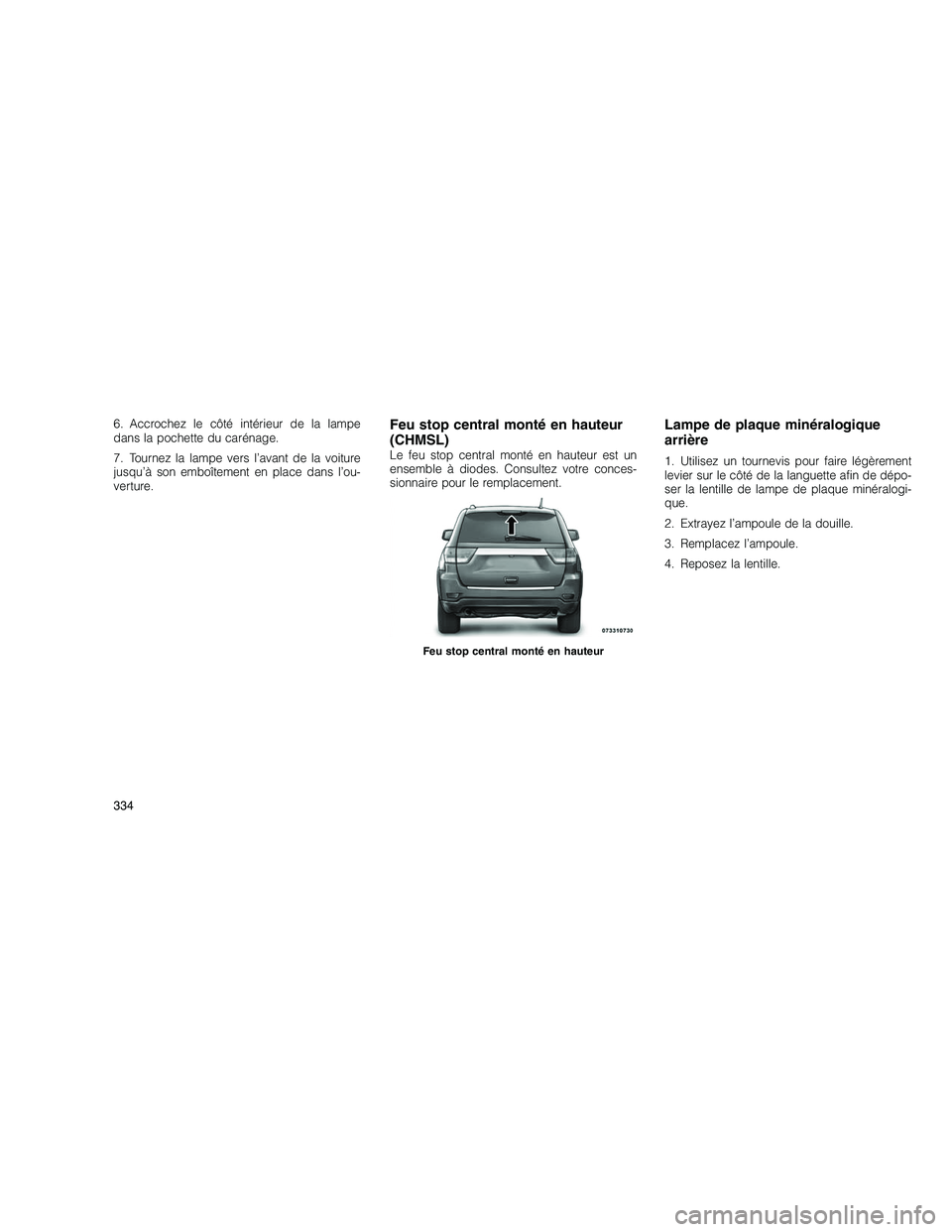 JEEP GRAND CHEROKEE 2010  Notice dentretien (in French) 
6. Accrochez le côté intérieur de la lampe
dans la pochette du carénage.
7. Tournez la lampe vers l’avant de la voiture
jusqu’à son emboîtement en place dans l’ou-
verture.Feu stop centra