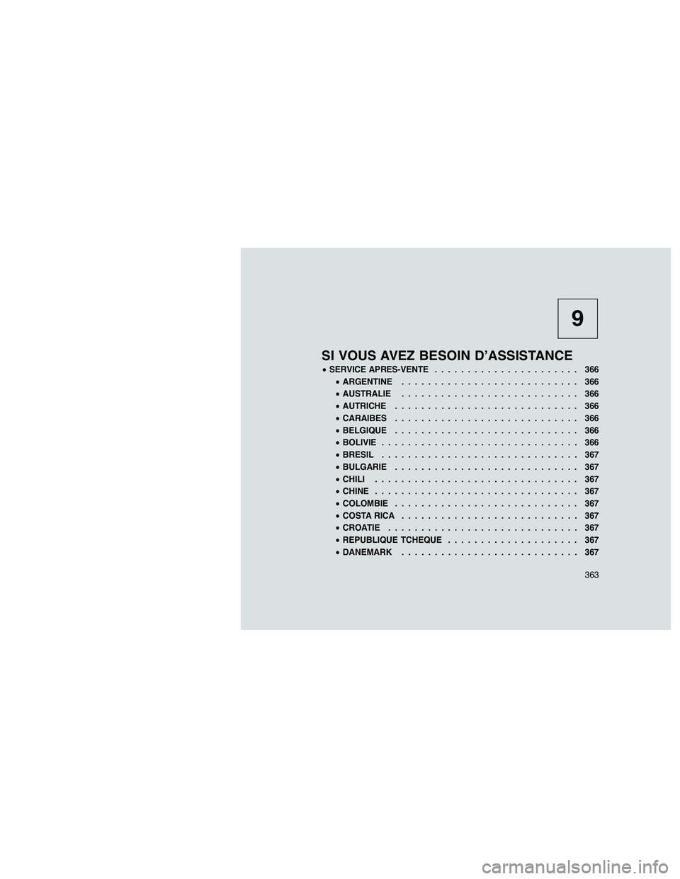 JEEP GRAND CHEROKEE 2011  Notice dentretien (in French) 
9
SI VOUS AVEZ BESOIN D’ASSISTANCE
•SERVICE APRES-VENTE ...................... 366
• ARGENTINE ........................... 366
• AUSTRALIE ........................... 366
• AUTRICHE .......