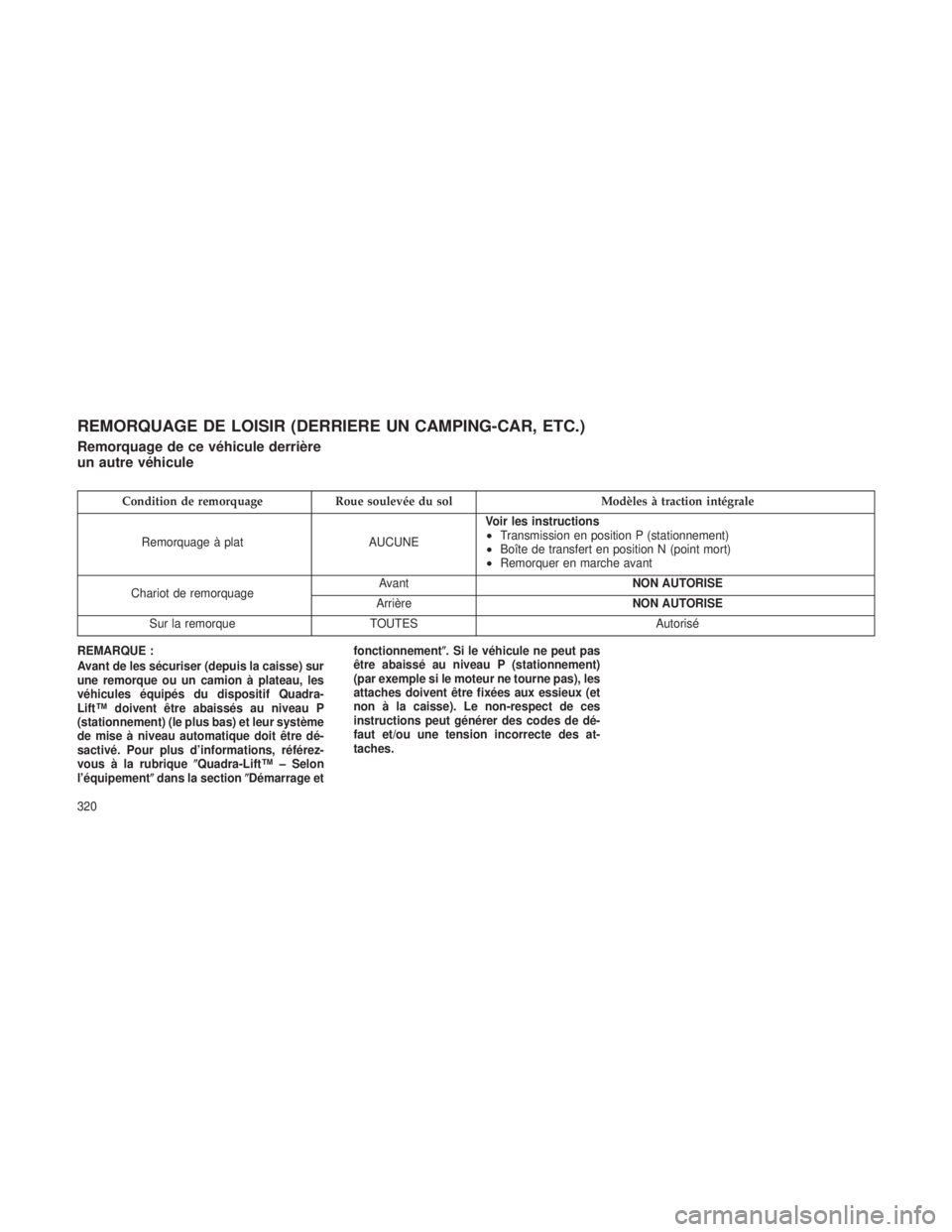 JEEP GRAND CHEROKEE 2013  Notice dentretien (in French) REMORQUAGE DE LOISIR (DERRIERE UN CAMPING-CAR, ETC.)
Remorquage de ce véhicule derrière
un autre véhicule
Condition de remorquageRoue soulevée du sol Modèles à traction intégrale
Remorquage à 