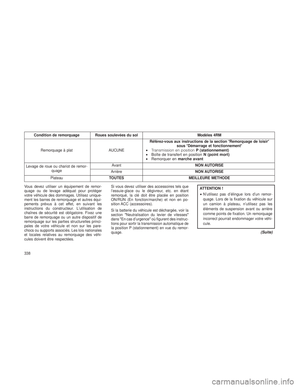 JEEP GRAND CHEROKEE 2013  Notice dentretien (in French) Condition de remorquage Roues soulevées du solModèles 4RM
Remorquage à plat AUCUNERéférez-vous aux instructions de la section
Remorquage de loisir
sous Démarrage et fonctionnement 
•Transm