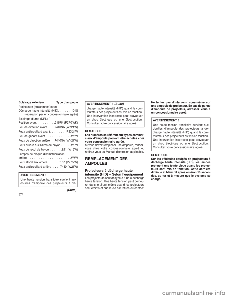 JEEP GRAND CHEROKEE 2013  Notice dentretien (in French) Eclairage extérieur Type d’ampoule
Projecteurs (croisement/route) –
Décharge haute intensité (HID).......D1S
(réparation par un concessionnaire agréé)
Eclairage diurne (DRL) /
Position avant