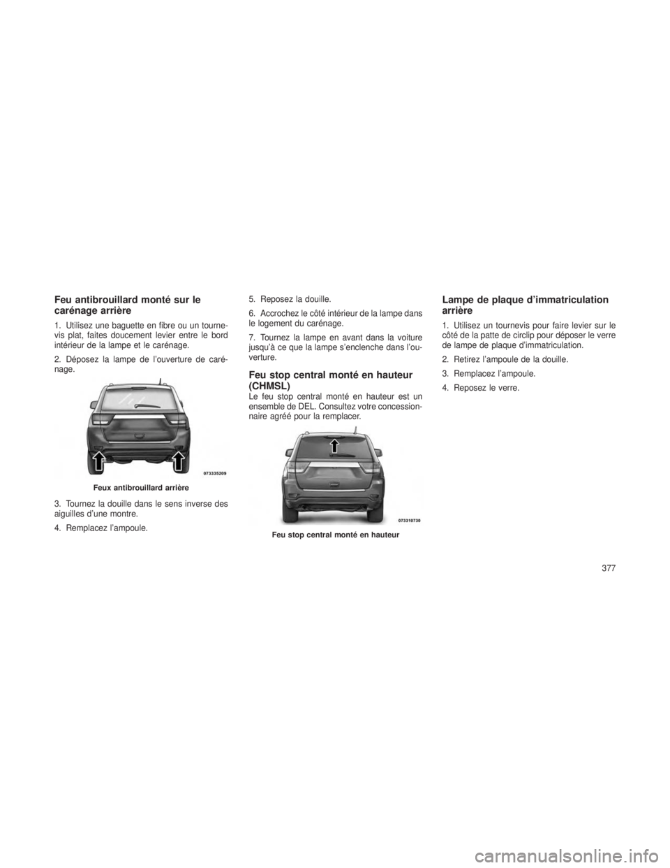 JEEP GRAND CHEROKEE 2013  Notice dentretien (in French) Feu antibrouillard monté sur le
carénage arrière
1. Utilisez une baguette en fibre ou un tourne-
vis plat, faites doucement levier entre le bord
intérieur de la lampe et le carénage.
2. Déposez 