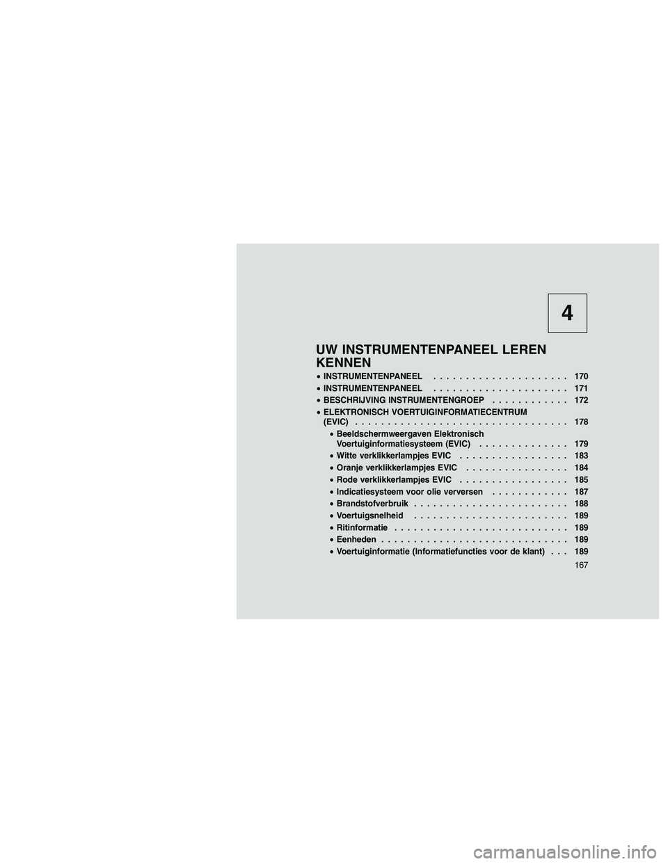 JEEP GRAND CHEROKEE 2011  Instructieboek (in Dutch) 
4
UW INSTRUMENTENPANEEL LEREN
KENNEN
•INSTRUMENTENPANEEL ..................... 170
• INSTRUMENTENPANEEL ..................... 171
• BESCHRIJVING INSTRUMENTENGROEP ............ 172
• ELEKTRONI