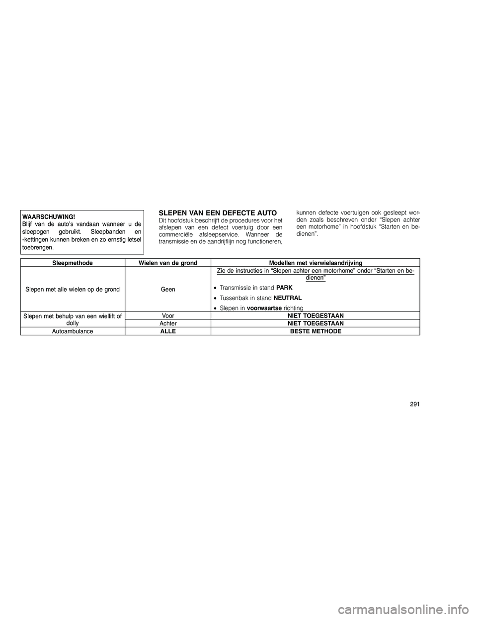 JEEP GRAND CHEROKEE 2011 Instructieboek (in Dutch)
WAARSCHUWING!
Blijf van de auto’s vandaan wanneer u de
sleepogen gebruikt. Sleepbanden en
-kettingen kunnen breken en zo ernstig letsel
toebrengen.SLEPEN VAN EEN DEFECTE AUTODit hoofdstuk beschrijf JEEP GRAND CHEROKEE 2011 Instructieboek (in Dutch)
WAARSCHUWING!
Blijf van de auto’s vandaan wanneer u de
sleepogen gebruikt. Sleepbanden en
-kettingen kunnen breken en zo ernstig letsel
toebrengen.SLEPEN VAN EEN DEFECTE AUTODit hoofdstuk beschrijf