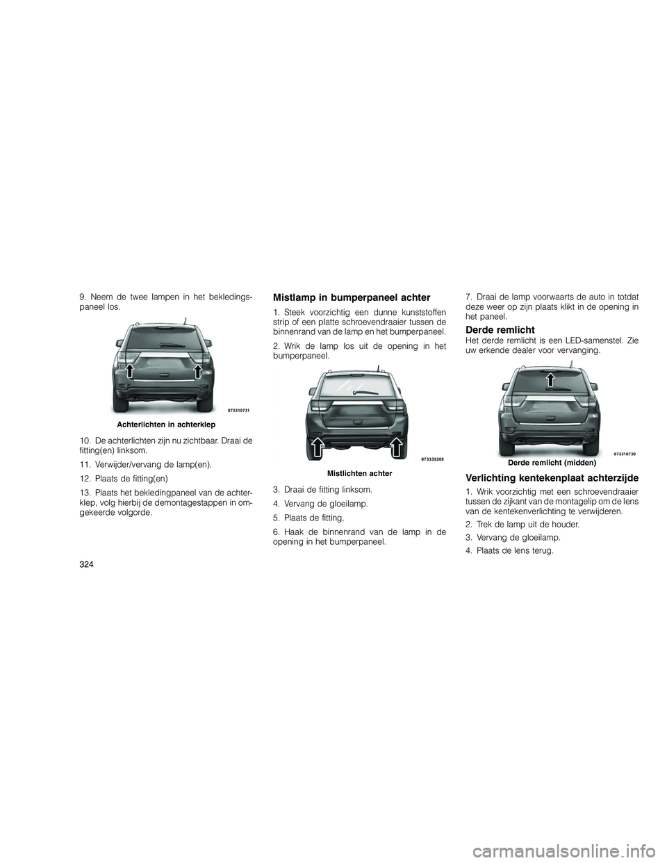 JEEP GRAND CHEROKEE 2011  Instructieboek (in Dutch) 
9. Neem de twee lampen in het bekledings-
paneel los.
10. De achterlichten zijn nu zichtbaar. Draai de
fitting(en) linksom.
11. Verwijder/vervang de lamp(en).
12. Plaats de fitting(en)
13. Plaats het