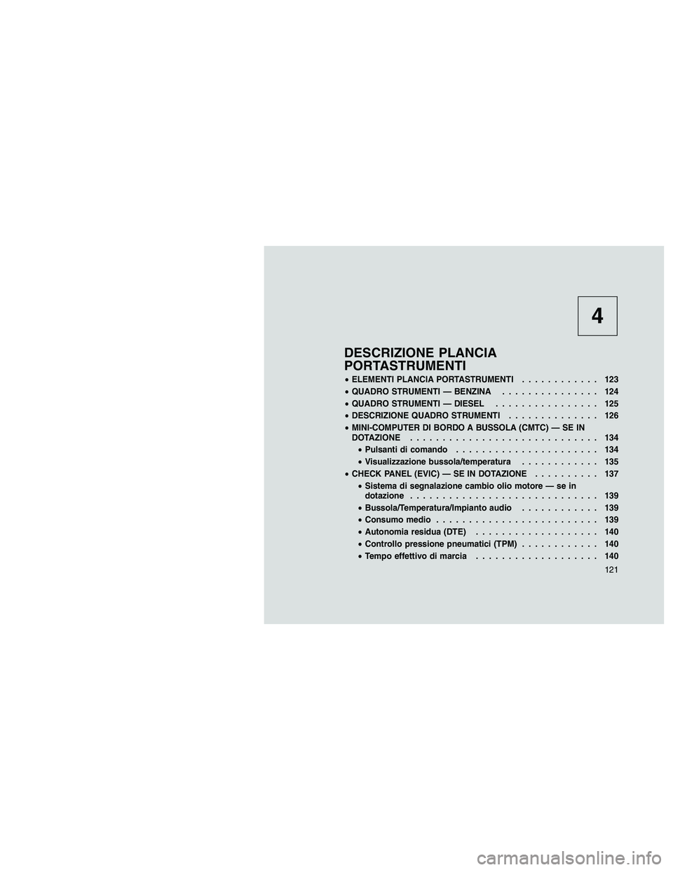 JEEP PATRIOT 2020  Libretto Uso Manutenzione (in Italian) 4
DESCRIZIONE PLANCIA
PORTASTRUMENTI
•ELEMENTI PLANCIA PORTASTRUMENTI............ 123
•QUADRO STRUMENTI — BENZINA............... 124
•QUADRO STRUMENTI — DIESEL................ 125
•DESCRIZ