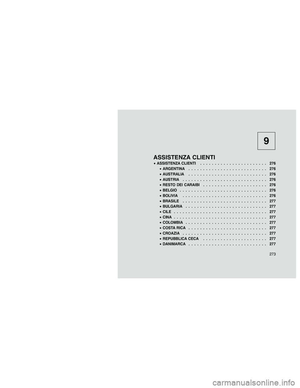JEEP PATRIOT 2020 Libretto Uso Manutenzione (in Italian) 9
ASSISTENZA CLIENTI
•ASSISTENZA CLIENTI....................... 276
•ARGENTINA........................... 276
•AUSTRALIA........................... 276
•AUSTRIA............................. 27 JEEP PATRIOT 2020 Libretto Uso Manutenzione (in Italian) 9
ASSISTENZA CLIENTI
•ASSISTENZA CLIENTI....................... 276
•ARGENTINA........................... 276
•AUSTRALIA........................... 276
•AUSTRIA............................. 27