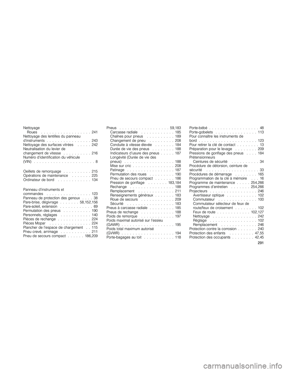 JEEP PATRIOT 2018 Libretto Uso Manutenzione (in Italian) Nettoyage
Roues..................241
Nettoyage des lentilles du panneau
d’instruments................243
Nettoyage des surfaces vitrées.....242
Neutralisation du levier de
changement de vitesse.... JEEP PATRIOT 2018 Libretto Uso Manutenzione (in Italian) Nettoyage
Roues..................241
Nettoyage des lentilles du panneau
d’instruments................243
Nettoyage des surfaces vitrées.....242
Neutralisation du levier de
changement de vitesse....