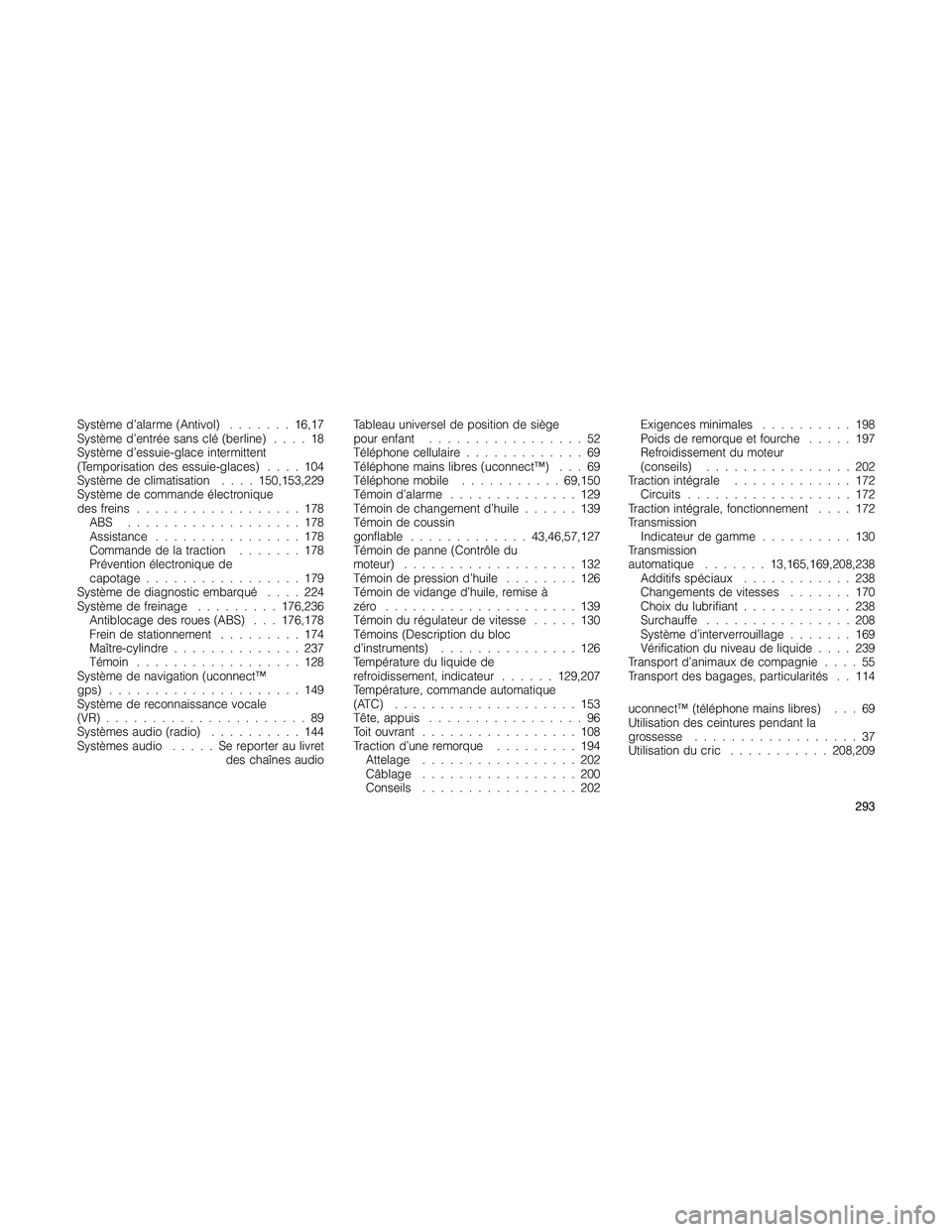 JEEP PATRIOT 2018 Libretto Uso Manutenzione (in Italian) Système d’alarme (Antivol).......16,17
Système d’entrée sans clé (berline)....18
Système d’essuie-glace intermittent
(Temporisation des essuie-glaces)....104
Système de climatisation....15 JEEP PATRIOT 2018 Libretto Uso Manutenzione (in Italian) Système d’alarme (Antivol).......16,17
Système d’entrée sans clé (berline)....18
Système d’essuie-glace intermittent
(Temporisation des essuie-glaces)....104
Système de climatisation....15