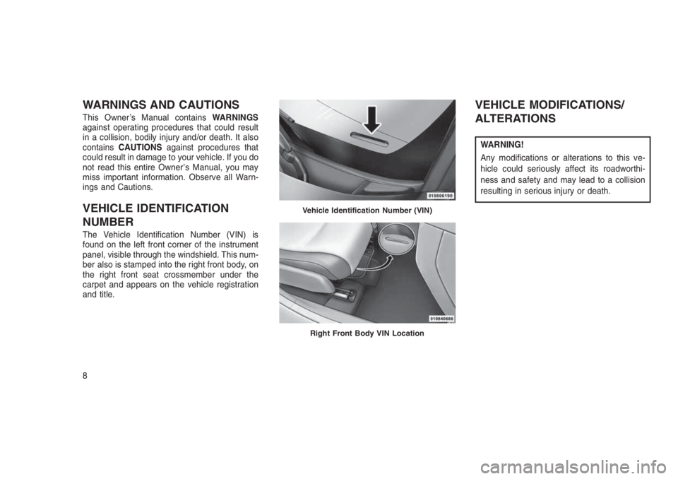 JEEP PATRIOT 2020 Owner handbook (in English) WARNINGS AND CAUTIONS
This Owner’s Manual containsWARNINGS
against operating procedures that could result
in a collision, bodily injury and/or death. It also
containsCAUTIONSagainst procedures that
JEEP PATRIOT 2020 Owner handbook (in English) WARNINGS AND CAUTIONS
This Owner’s Manual containsWARNINGS
against operating procedures that could result
in a collision, bodily injury and/or death. It also
containsCAUTIONSagainst procedures that