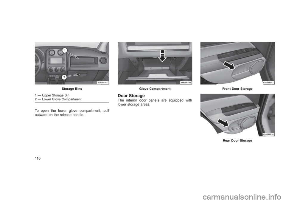 JEEP PATRIOT 2020 Owner handbook (in English) To open the lower glove compartment, pull
outward on the release handle.
Door StorageThe interior door panels are equipped with
lower storage areas.
Storage Bins
1 — Upper Storage Bin
2 — Lower Gl JEEP PATRIOT 2020 Owner handbook (in English) To open the lower glove compartment, pull
outward on the release handle.
Door StorageThe interior door panels are equipped with
lower storage areas.
Storage Bins
1 — Upper Storage Bin
2 — Lower Gl
