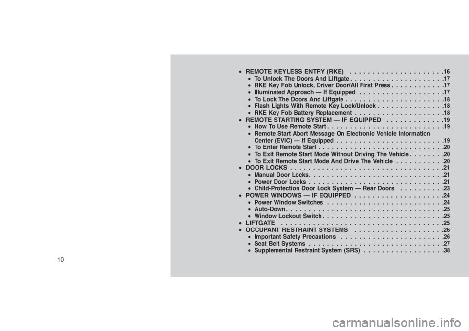 JEEP PATRIOT 2020 Owner handbook (in English) •REMOTE KEYLESS ENTRY (RKE) . . . . .................16•To Unlock The Doors And Liftgate.....................17
•RKE Key Fob Unlock, Driver Door/All First Press............17
•Illuminated Appr JEEP PATRIOT 2020 Owner handbook (in English) •REMOTE KEYLESS ENTRY (RKE) . . . . .................16•To Unlock The Doors And Liftgate.....................17
•RKE Key Fob Unlock, Driver Door/All First Press............17
•Illuminated Appr