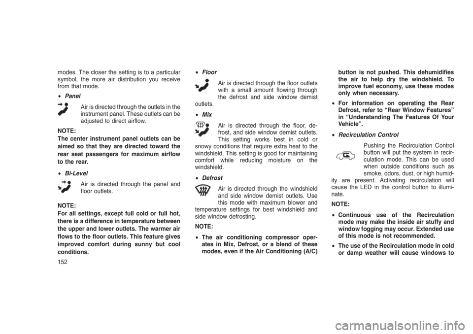 JEEP PATRIOT 2020 Owner handbook (in English) modes. The closer the setting is to a particular
symbol, the more air distribution you receive
from that mode.
•Panel
Air is directed through the outlets in the
instrument panel. These outlets can b JEEP PATRIOT 2020 Owner handbook (in English) modes. The closer the setting is to a particular
symbol, the more air distribution you receive
from that mode.
•Panel
Air is directed through the outlets in the
instrument panel. These outlets can b