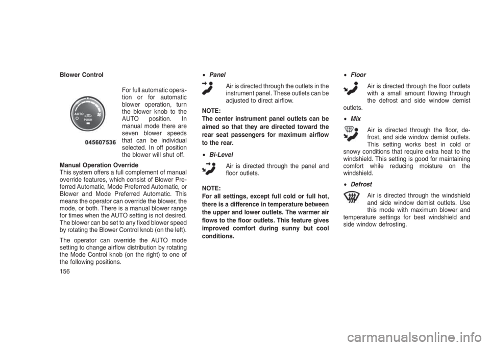 JEEP PATRIOT 2020 Owner handbook (in English) Blower Control
For full automatic opera-
tion or for automatic
blower operation, turn
the blower knob to the
AUTO position. In
manual mode there are
seven blower speeds
that can be individual
selected JEEP PATRIOT 2020 Owner handbook (in English) Blower Control
For full automatic opera-
tion or for automatic
blower operation, turn
the blower knob to the
AUTO position. In
manual mode there are
seven blower speeds
that can be individual
selected