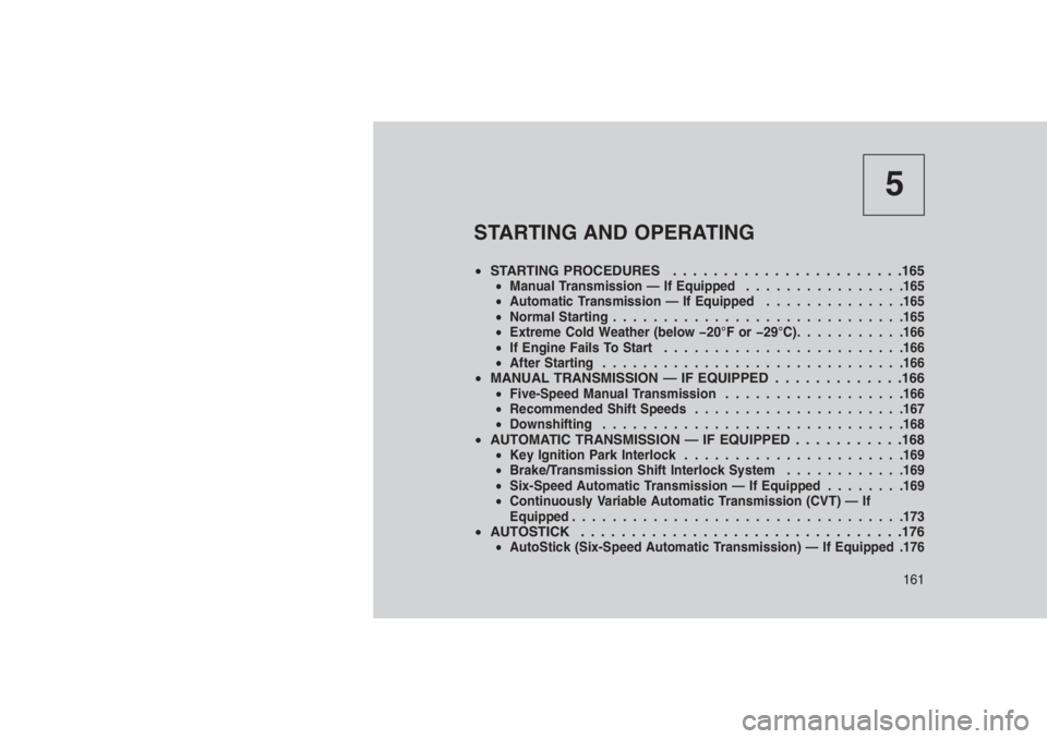 JEEP PATRIOT 2020  Owner handbook (in English) 5
STARTING AND OPERATING
•STARTING PROCEDURES . . . . . . . . . . . . . . . . . . . . . . .165•Manual Transmission — If Equipped................165
•Automatic Transmission — If Equipped.....