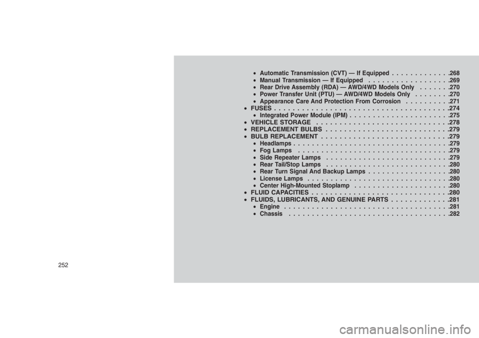 JEEP PATRIOT 2020 Owner handbook (in English) •Automatic Transmission (CVT) — If Equipped.............268
•Manual Transmission — If Equipped..................269
•Rear Drive Assembly (RDA) — AWD/4WD Models Only.......270
•Power Tran JEEP PATRIOT 2020 Owner handbook (in English) •Automatic Transmission (CVT) — If Equipped.............268
•Manual Transmission — If Equipped..................269
•Rear Drive Assembly (RDA) — AWD/4WD Models Only.......270
•Power Tran
