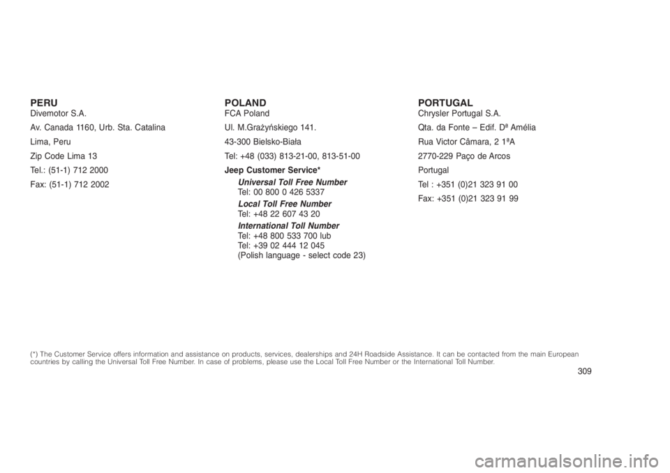 JEEP PATRIOT 2019 Owner handbook (in English) PERUDivemotor S.A.
Av. Canada 1160, Urb. Sta. Catalina
Lima, Peru
Zip Code Lima 13
Tel.: (51-1) 712 2000
Fax: (51-1) 712 2002POLANDFCA Poland
Ul. M.Grażyńskiego 141.
43-300 Bielsko-Biała
Tel: +48 ( JEEP PATRIOT 2019 Owner handbook (in English) PERUDivemotor S.A.
Av. Canada 1160, Urb. Sta. Catalina
Lima, Peru
Zip Code Lima 13
Tel.: (51-1) 712 2000
Fax: (51-1) 712 2002POLANDFCA Poland
Ul. M.Grażyńskiego 141.
43-300 Bielsko-Biała
Tel: +48 (