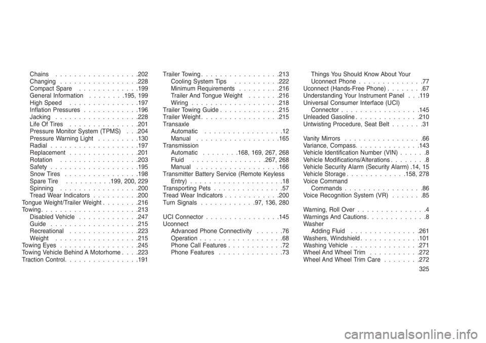 JEEP PATRIOT 2020  Owner handbook (in English) Chains..................202
Changing.................228
Compact Spare.............199
General Information........195, 199
High Speed...............197
Inflation Pressures............196
Jacking......