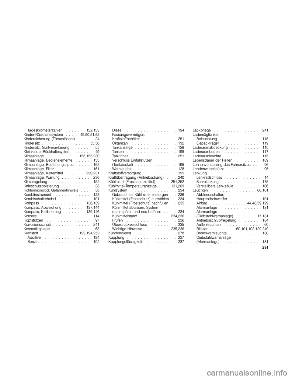 JEEP PATRIOT 2020 Betriebsanleitung (in German) Tageskilometerzähler........132,133
Kinder-Rückhaltesystem.....49,50,51,52
Kindersicherung (Türschlösser)......24
Kindersitz.................53,56
Kindersitz, Gurtverankerung........55
Kleinkinder JEEP PATRIOT 2020 Betriebsanleitung (in German) Tageskilometerzähler........132,133
Kinder-Rückhaltesystem.....49,50,51,52
Kindersicherung (Türschlösser)......24
Kindersitz.................53,56
Kindersitz, Gurtverankerung........55
Kleinkinder