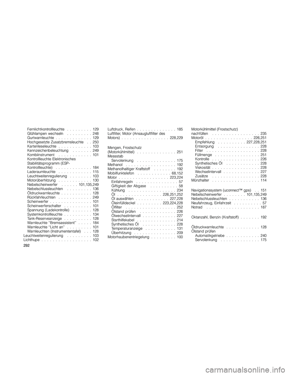 JEEP PATRIOT 2018  Betriebsanleitung (in German) Fernlichtkontrollleuchte.........129
Glühlampen wechseln.........248
Gurtwarnleuchte.............129
Hochgesetzte Zusatzbremsleuchte . . 250
Kartenleseleuchte............103
Kennzeichenbeleuchtung...