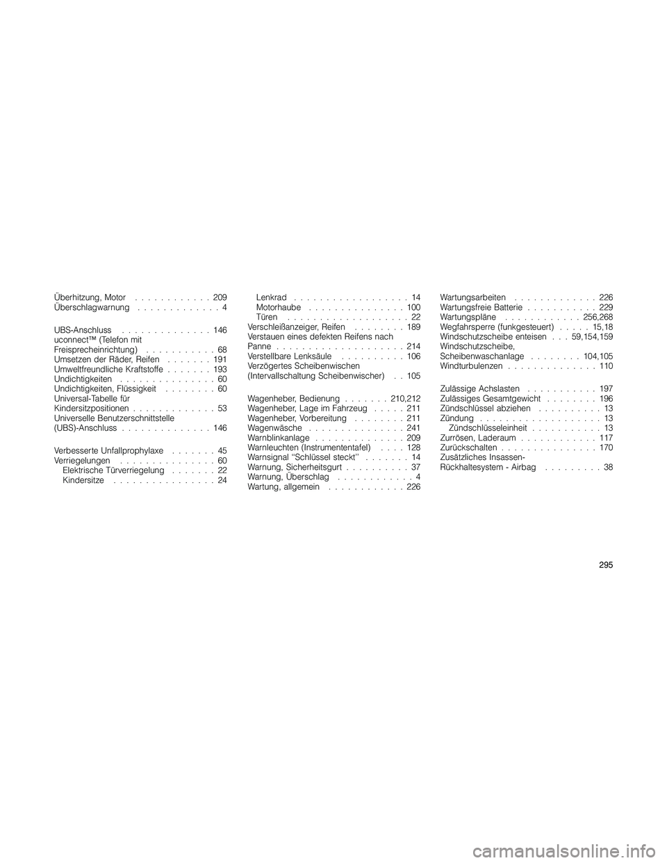 JEEP PATRIOT 2020 Betriebsanleitung (in German) Überhitzung, Motor............209
Überschlagwarnung.............4
UBS-Anschluss..............146
uconnect™ (Telefon mit
Freisprecheinrichtung)...........68
Umsetzen der Räder, Reifen.......191
Um JEEP PATRIOT 2020 Betriebsanleitung (in German) Überhitzung, Motor............209
Überschlagwarnung.............4
UBS-Anschluss..............146
uconnect™ (Telefon mit
Freisprecheinrichtung)...........68
Umsetzen der Räder, Reifen.......191
Um